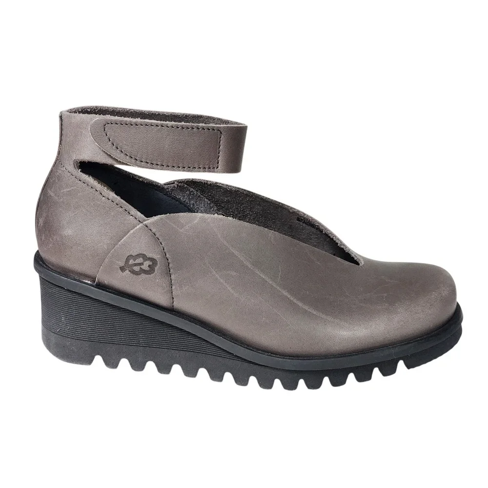 Loints of Holland Sydney Grey Leather V-Cut Wedge Ankle Strap Shoes Womens 36